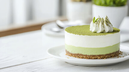 Creamy matcha cake with layers of green tea and white cream, garnished with whipped cream and matcha powder