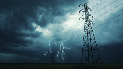 Dramatic storm clouds with lightning striking near power lines, creating intense atmosphere