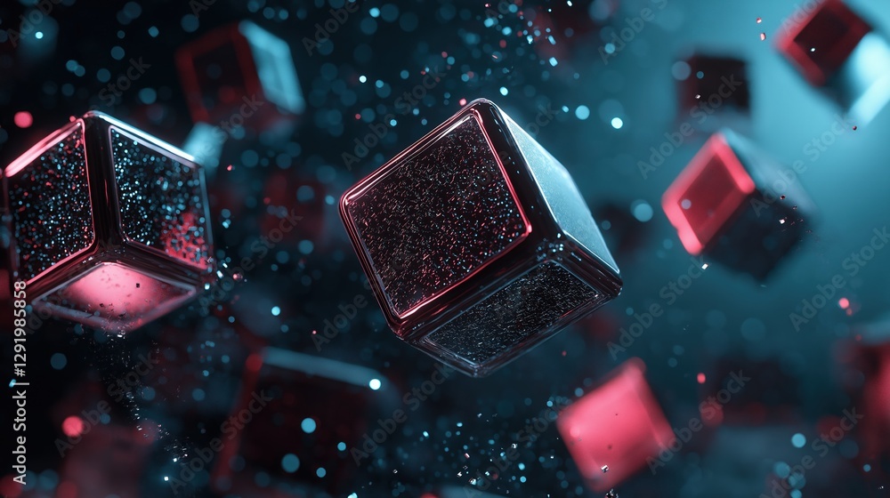 Poster group of red and black cubes floating in the air. the cubes are of different sizes and shapes, with 