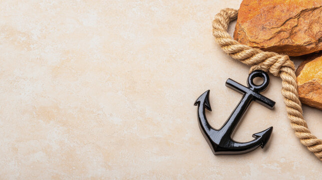 black anchor rests on textured surface beside natural stones, evoking nautical theme