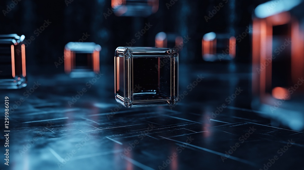 Poster group of small cubes floating on a black surface. the cubes are of different sizes and shapes, with 