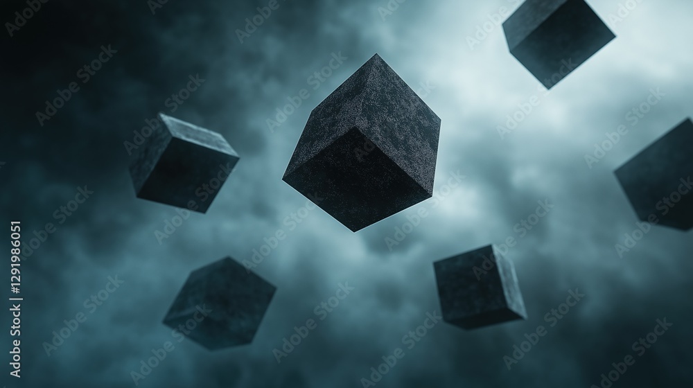 Poster group of six black cubes flying in the sky. the cubes are of different sizes and shapes, with the la