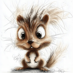 Shaggy doodled cartoon squirrel with oversized eyes on a simple background