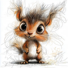 Shaggy doodled cartoon squirrel with oversized eyes on a simple background