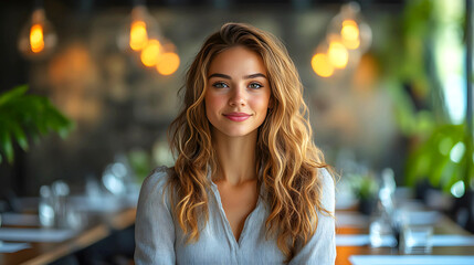 Obraz premium Smiling woman with curly hair works at a laptop