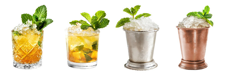 Mint Julep cocktail transparent PNG set bundle, isolated background. Bar menu cocktails in old fashioned glass and steel copper julep cup