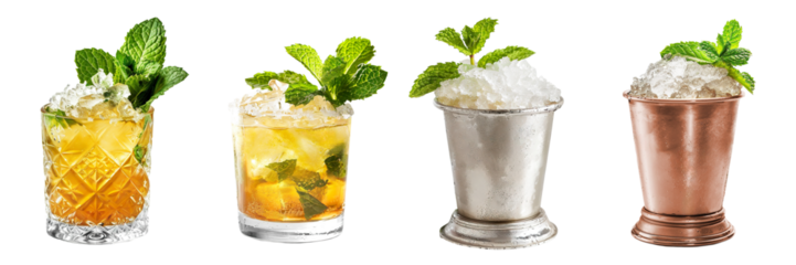 Mint Julep cocktail transparent PNG set bundle, isolated background. Bar menu cocktails in old fashioned glass and steel copper julep cup