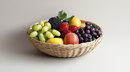 vibrant basket filled with assorted fresh fruits including grapes, strawberries, and lemons, perfect for healthy lifestyle