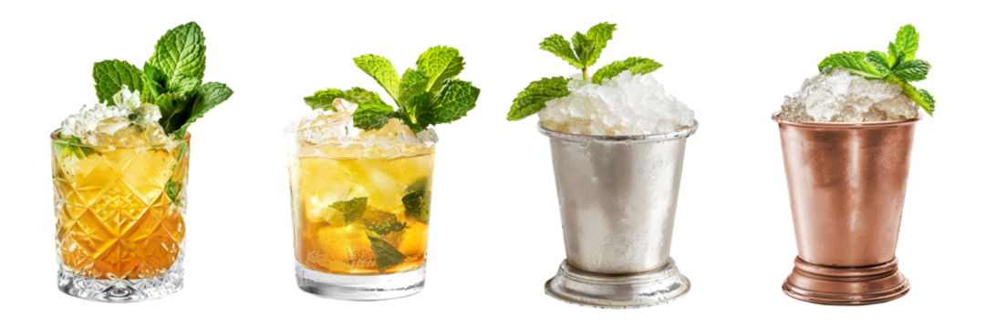 Mint Julep cocktail transparent PNG set bundle, isolated background. Bar menu cocktails in old fashioned glass and steel copper julep cup