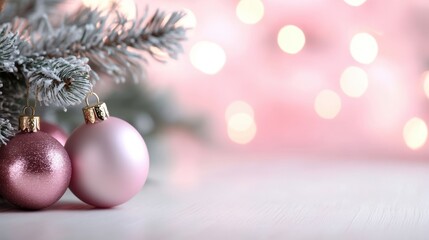 Fototapeta premium Pink Christmas ball ornament hanging on a tree