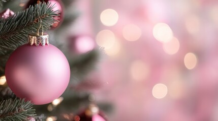 Obraz premium Pink Christmas ball ornament hanging on a tree