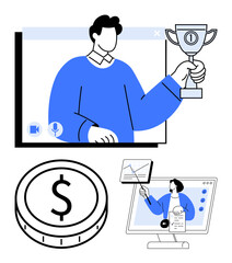 Man with trophy in video call, coin icon symbolizing finance, and tutorial on a screen. Ideal for remote success, online learning, personal growth, achievement focus, finance, education tools