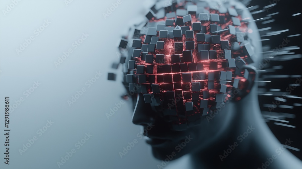 Poster close-up of a human head with a futuristic design. the head is made up of small squares of different