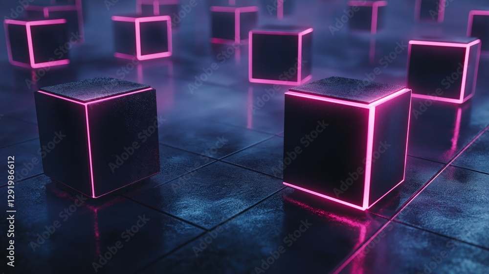 Poster group of black cubes with pink neon lights shining on them. the cubes are arranged in a grid-like pa