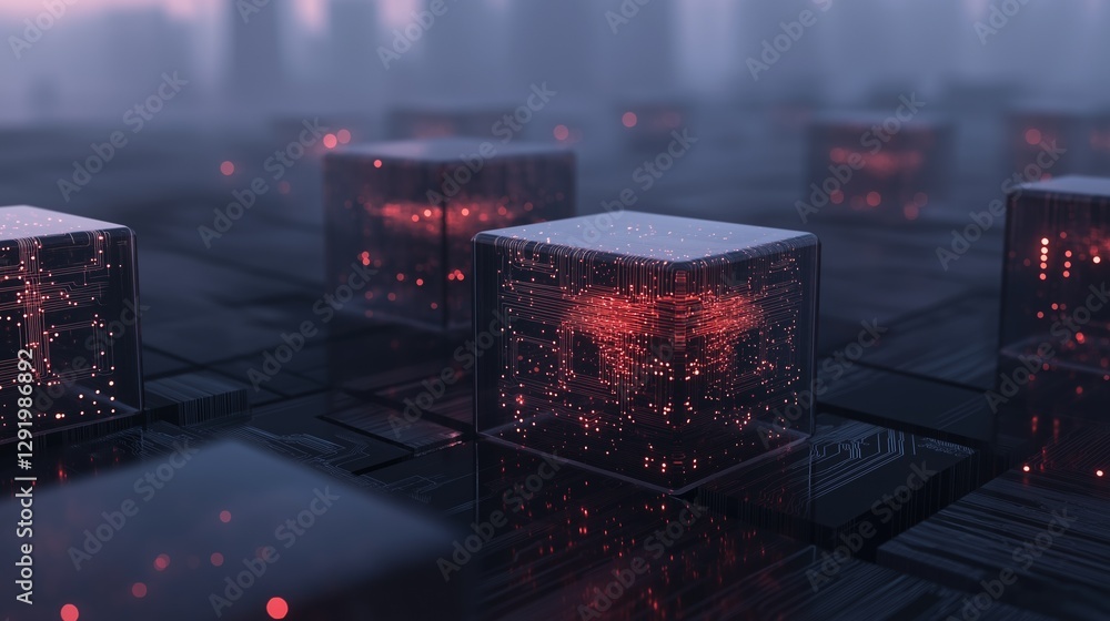 Poster group of cubes on a black surface with red dots scattered around them. the cubes are arranged in a g