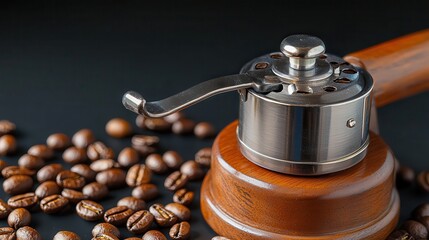 Coffee and bakery: Freshly brewed and roasted Coffee grinder with roasted beans on a dark background.