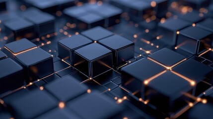 Close-up of a group of black cubes arranged in a grid-like pattern. the cubes are of different sizes and shapes, with some being larger and some being smaller.