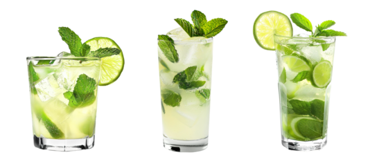 Mojito cocktail transparent PNG set bundle, isolated background. Bar menu cocktails in old fashioned, highball and tumbler glass. Colorful refreshing drink with garnish