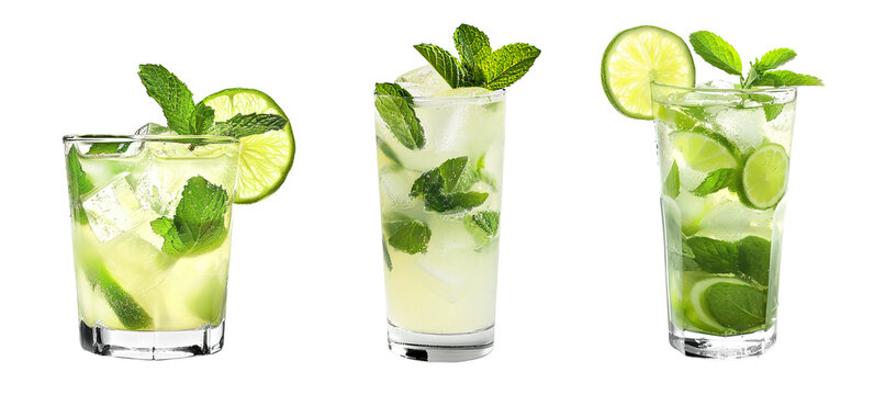 Mojito cocktail transparent PNG set bundle, isolated background. Bar menu cocktails in old fashioned, highball and tumbler glass. Colorful refreshing drink with garnish