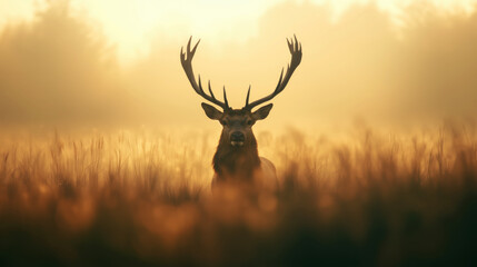Obraz premium Majestic deer standing in foggy meadow nature photography sunrise
