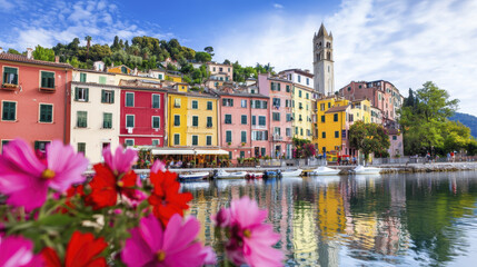 Fototapeta premium picturesque view of colorful buildings along serene waterfront, reflecting in water, with vibrant flowers in foreground