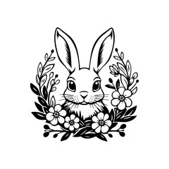 Obraz premium Easter rabbit with flower wreath. Easter bunny. Farm animal. Vector illustration on a white background.