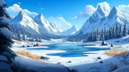 Exquisite game art illustrating a picturesque mountain landscape with a frozen lake.