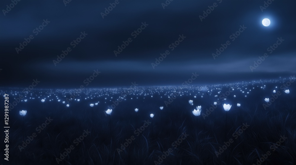 Poster night scene of a field of tall grass with a full moon in the background. the sky is dark and cloudy,