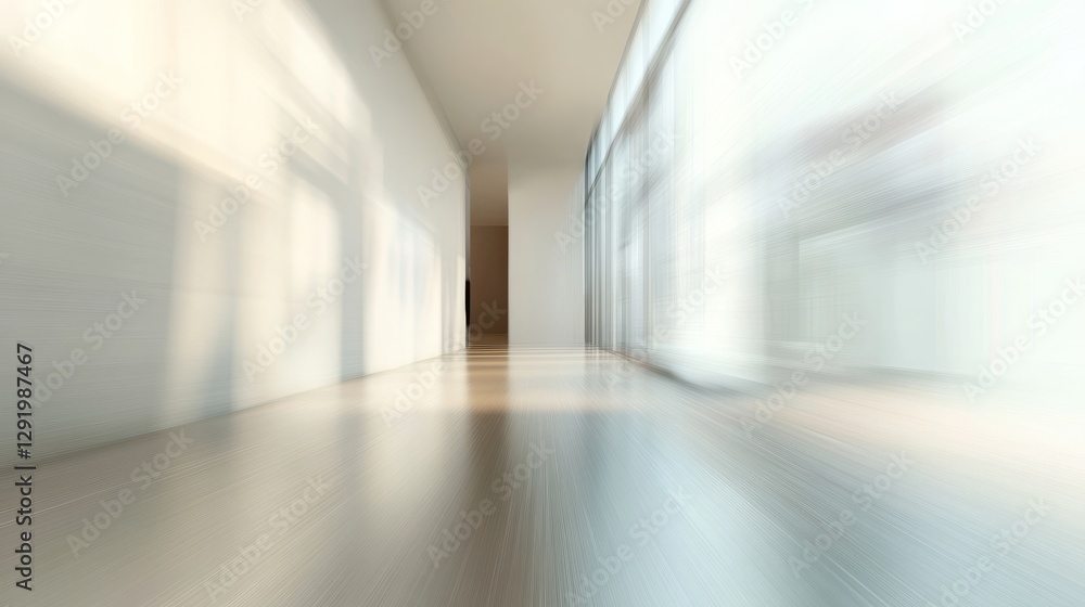 Poster abstract view of bright hallway with large windows and blurred motion effect. modern architecture an