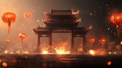 Fototapeta premium Traditional Chinese Archway with Glowing Lanterns at Night
