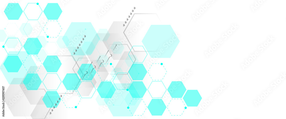 Poster Geometric abstract background with green hexagons. Structure molecule and communication