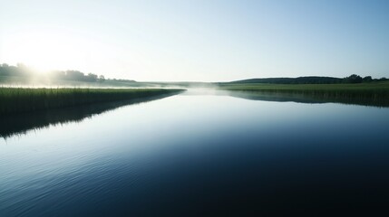 Fototapeta premium Landscape photograph of a calm lake. the lake is surrounded by tall grass on both sides, creating a peaceful and serene atmosphere.