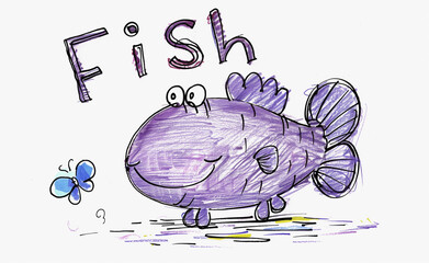 Childs drawing of an fish and butterfly with the word fish