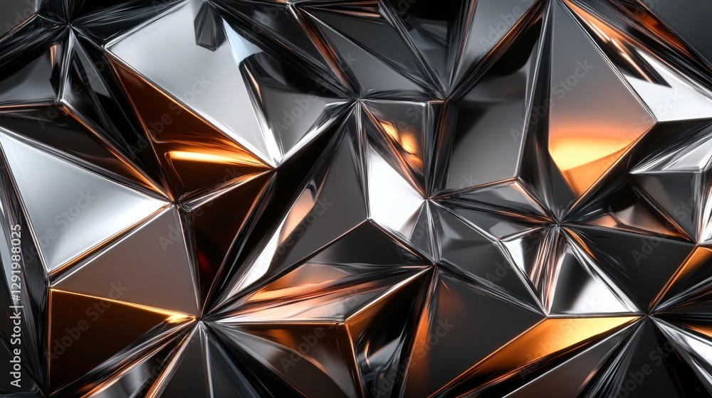 Poster abstract metallic surface with sharp angles reflecting light, showcasing dynamic textures and depth