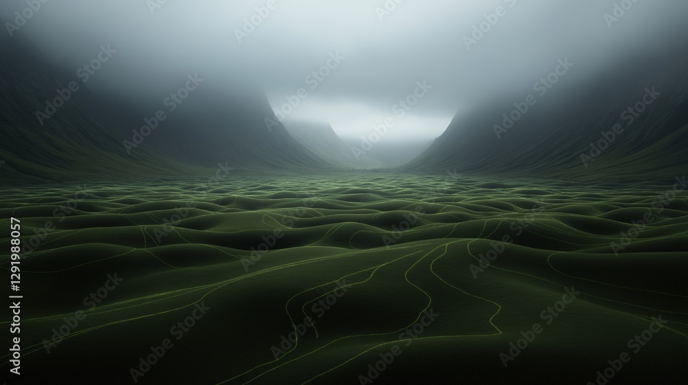 Poster digital art piece that appears to be a landscape or a tunnel. the background is a dark green color w