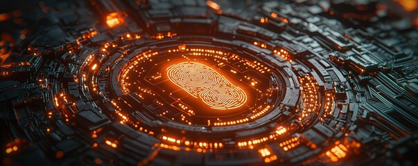 Futuristic digital circuit design with biometric patterns data center graphic illustration high-tech environment aerial view innovation