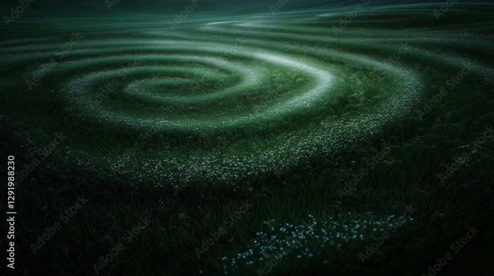 Poster digital art piece that appears to be a landscape photograph of a grassy field at night. the field is