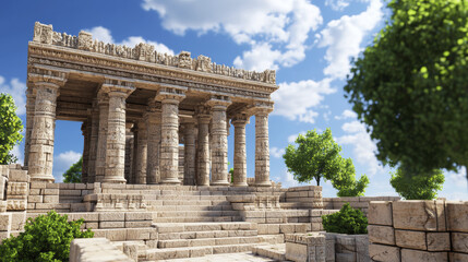 Fototapeta premium Ancient stone temple with columns and lush greenery under blue sky