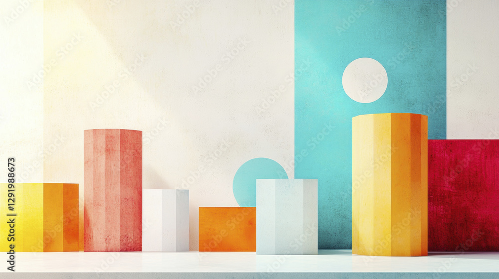 Poster minimalist abstract composition featuring colorful geometric shapes and forms. vibrant colors create