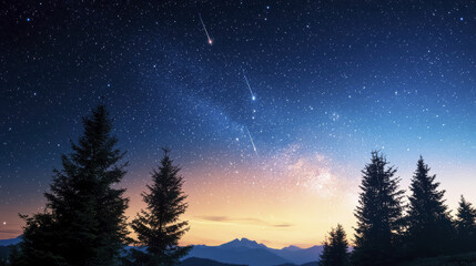 Fototapeta premium breathtaking night sky filled with shooting stars and vibrant galaxy, framed by silhouetted trees