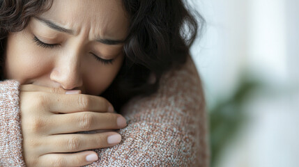 woman with curly hair expresses deep emotion while hugging herself, conveying sense of comfort and introspection