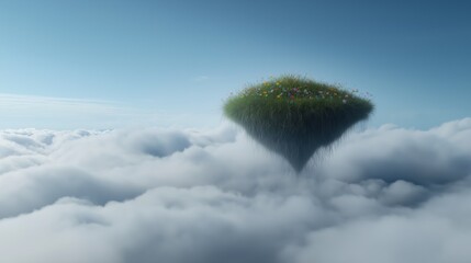Small island floating in the middle of a vast sky filled with fluffy white clouds. the island is covered in green grass and colorful flowers, creating a beautiful contrast against the blue sky.