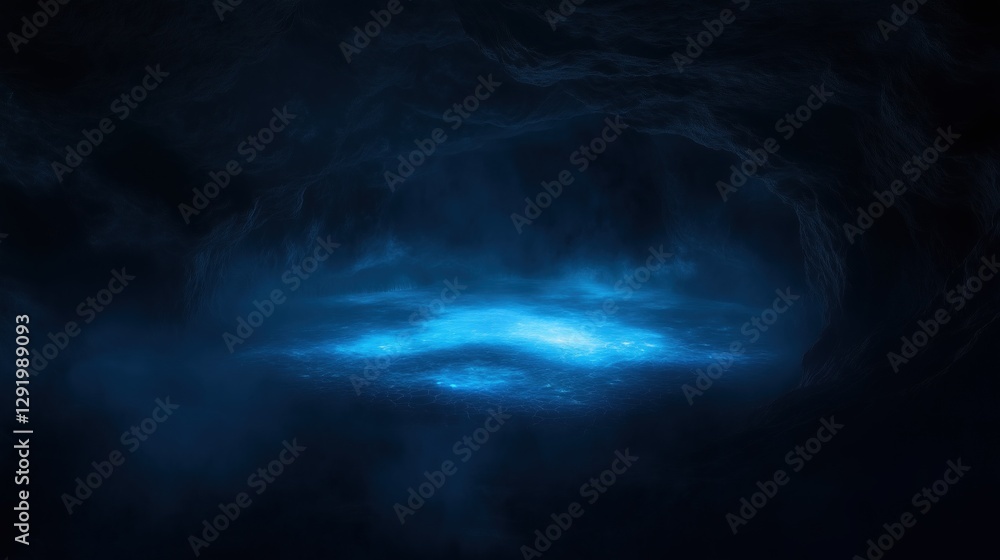 Poster dark cave with a bright blue light shining through the entrance. the light is in the center of the i