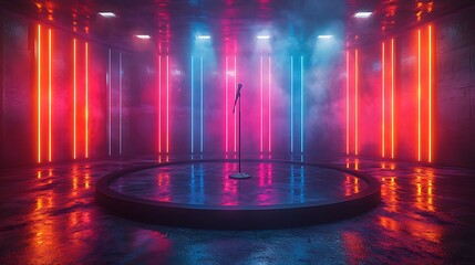 Obraz premium Futuristic stage with glowing neon lights and mist pictures