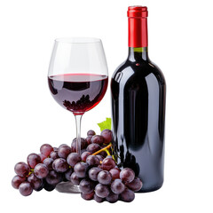 Obraz premium Delicious red wine bottle and glass with fresh grapes on a white background, bottle and glass red wine with grapes