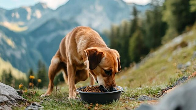 A dog enjoys a meal of kibble in a breathtaking mountain landscape, surrounded by nature and fresh air