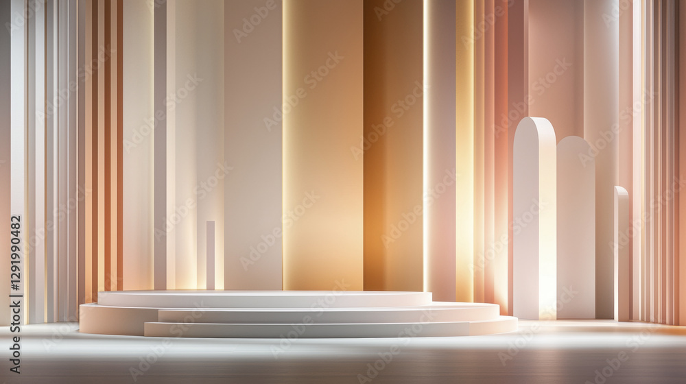 Poster soft gold stage set with elegant columns and circular platform, creating warm and inviting atmospher
