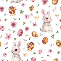 Cute Easter themed seamless pattern with adorable hand-painted bunnies, painted eggs, clover and spring flowers. Watercolor holiday Easter design for textile, packaging, wrapping paper and backgrounds
