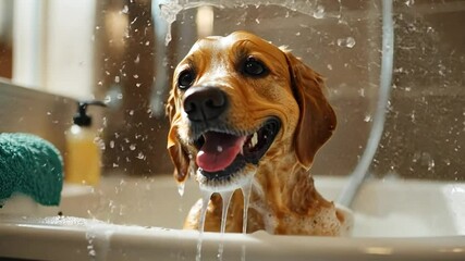 Happy Dog Taking a Bath in a Bathroom