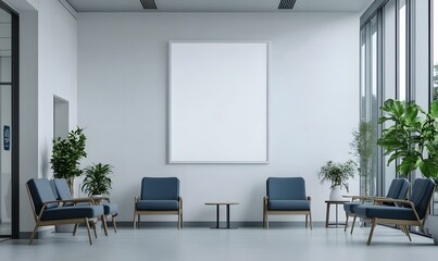 Fototapeta premium A mockup of an empty white poster on the wall in modern hospital waiting room with comfortable chairs and medical equipment. empty white blank poster on white wall in hospital, white board 